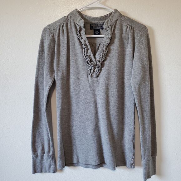 Polo Jeans Co Thermal Top Womens S Gray Waffle Knit Ruffle Notch Slit 
 Neck LS - Picture 8 of 8